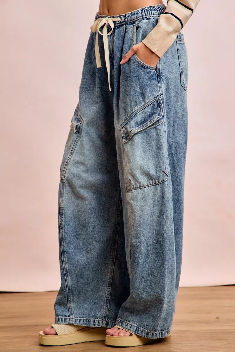 BiBi Baggy Barrel Jeans With Cargo Pockets - Bitsy Gypsy Boutique