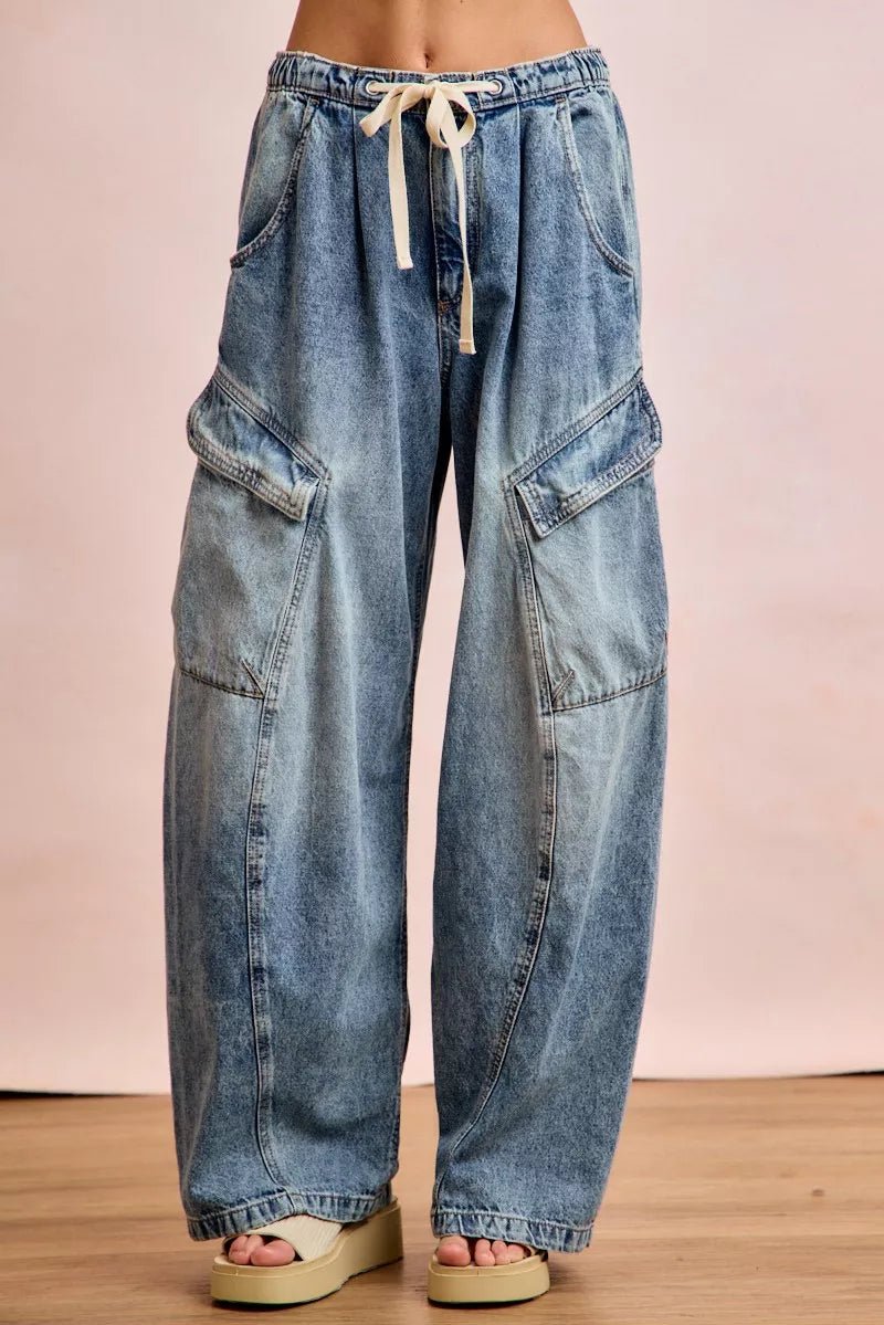 BiBi Baggy Barrel Jeans With Cargo Pockets - Bitsy Gypsy Boutique