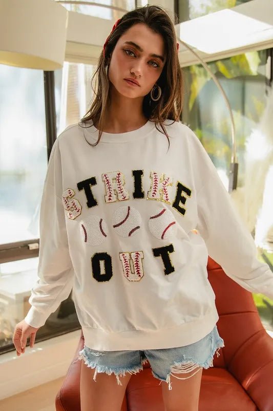 BiBi Baseballs Strikeout Patches French Terry Sweatshirt - Bitsy Gypsy Boutique