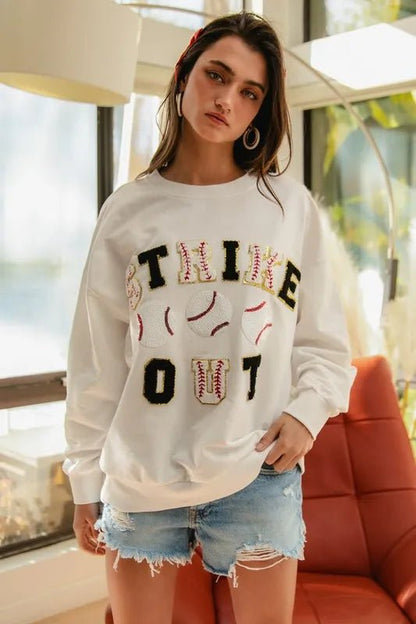 BiBi Baseballs Strikeout Patches French Terry Sweatshirt - Bitsy Gypsy Boutique