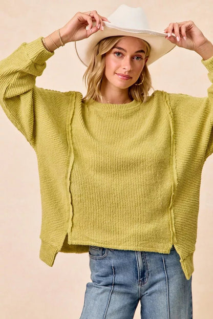 BiBi Boucle Rib Knit Uneven Hem Sweater With Open Seam - Bitsy Gypsy Boutique