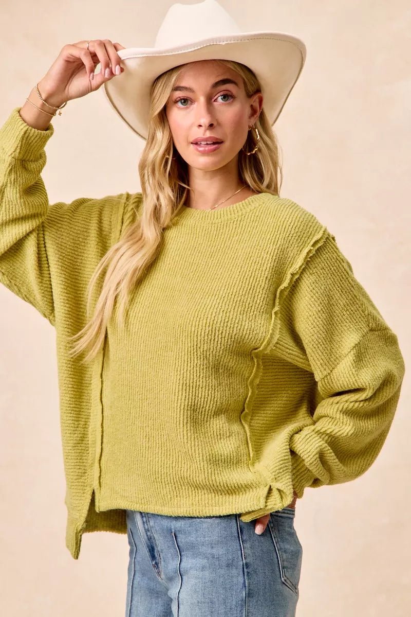 BiBi Boucle Rib Knit Uneven Hem Sweater With Open Seam - Bitsy Gypsy Boutique