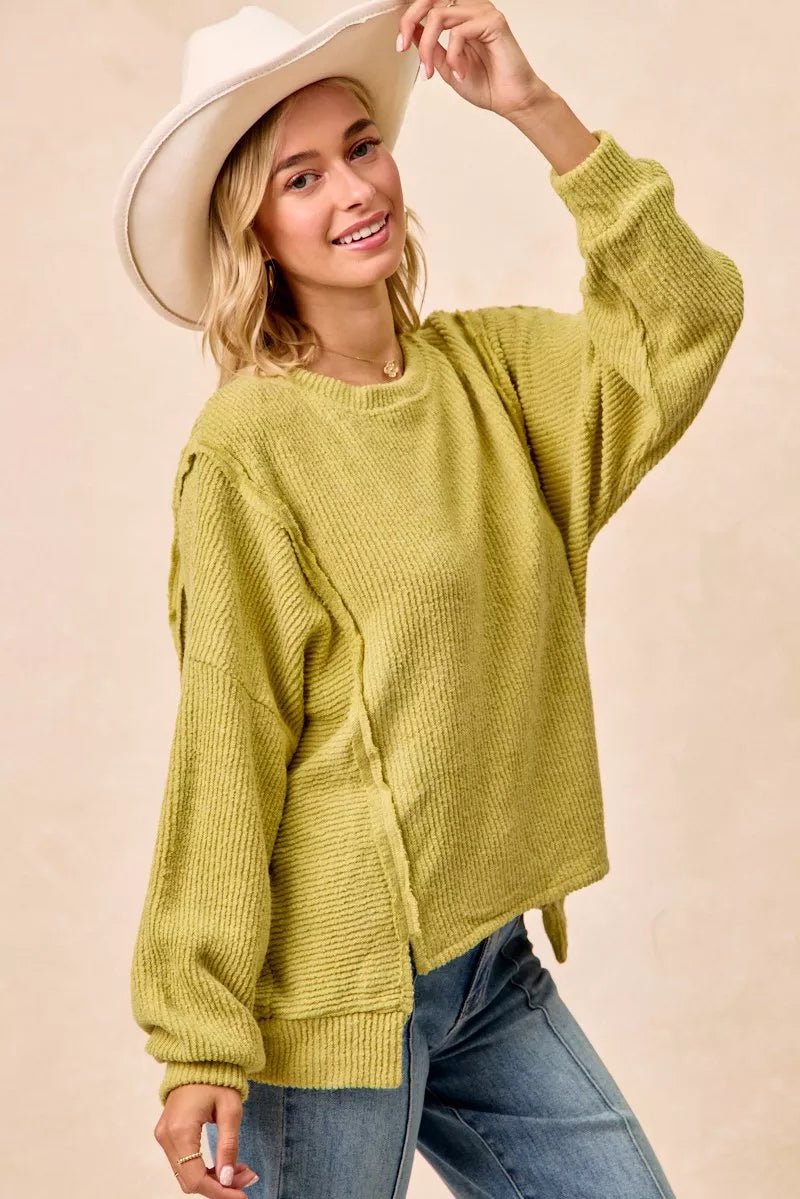 BiBi Boucle Rib Knit Uneven Hem Sweater With Open Seam - Bitsy Gypsy Boutique
