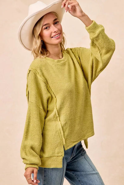 BiBi Boucle Rib Knit Uneven Hem Sweater With Open Seam - Bitsy Gypsy Boutique