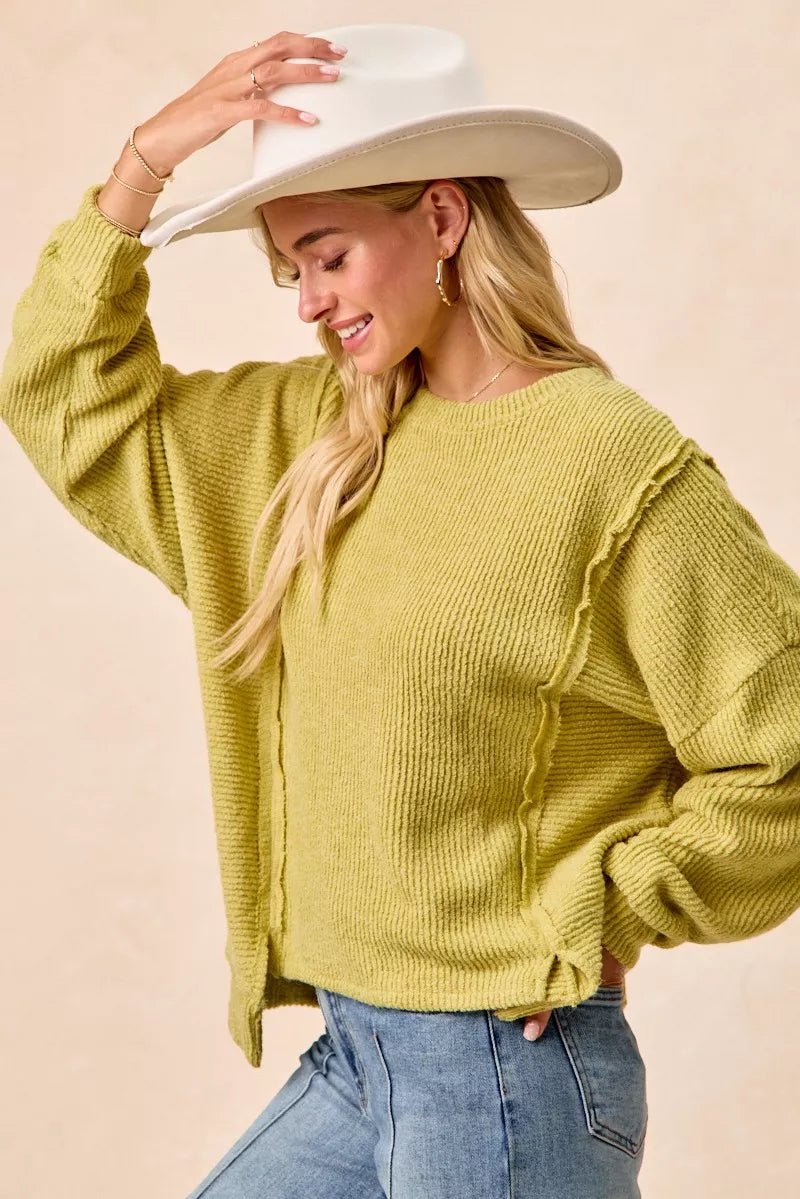 BiBi Boucle Rib Knit Uneven Hem Sweater With Open Seam - Bitsy Gypsy Boutique