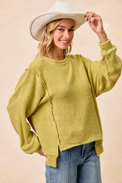 BiBi Boucle Rib Knit Uneven Hem Sweater With Open Seam - Bitsy Gypsy Boutique