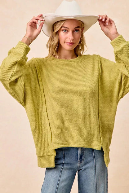 BiBi Boucle Rib Knit Uneven Hem Sweater With Open Seam - Bitsy Gypsy Boutique