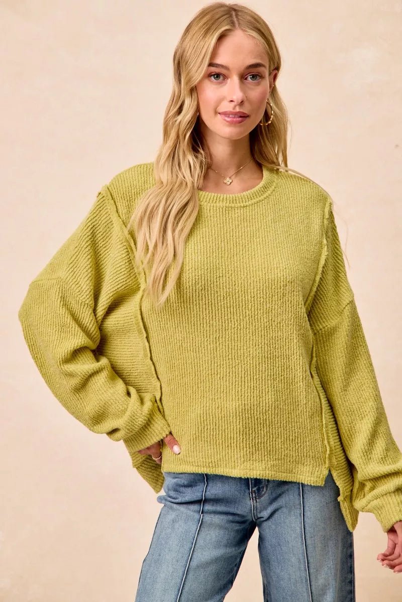 BiBi Boucle Rib Knit Uneven Hem Sweater With Open Seam - Bitsy Gypsy Boutique