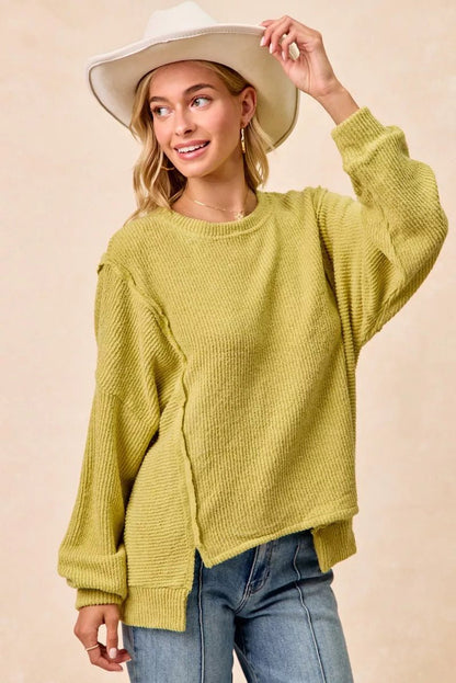 BiBi Boucle Rib Knit Uneven Hem Sweater With Open Seam - Bitsy Gypsy Boutique