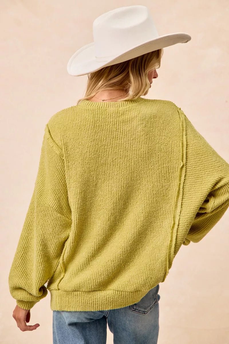 BiBi Boucle Rib Knit Uneven Hem Sweater With Open Seam - Bitsy Gypsy Boutique