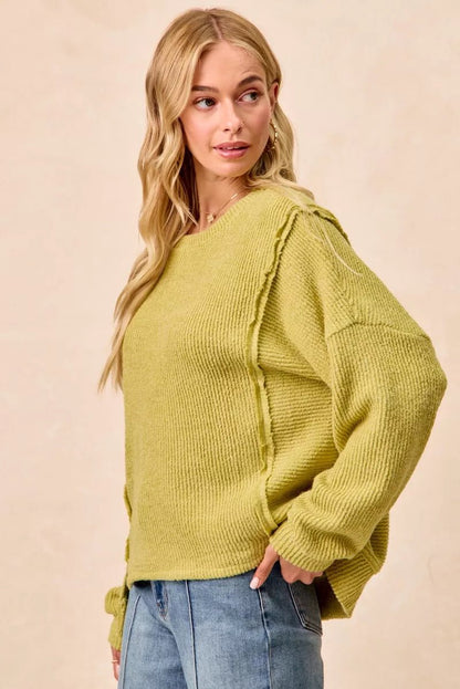BiBi Boucle Rib Knit Uneven Hem Sweater With Open Seam - Bitsy Gypsy Boutique