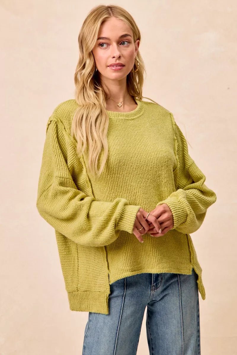 BiBi Boucle Rib Knit Uneven Hem Sweater With Open Seam - Bitsy Gypsy Boutique
