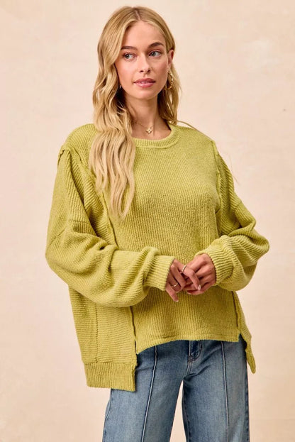 BiBi Boucle Rib Knit Uneven Hem Sweater With Open Seam - Bitsy Gypsy Boutique