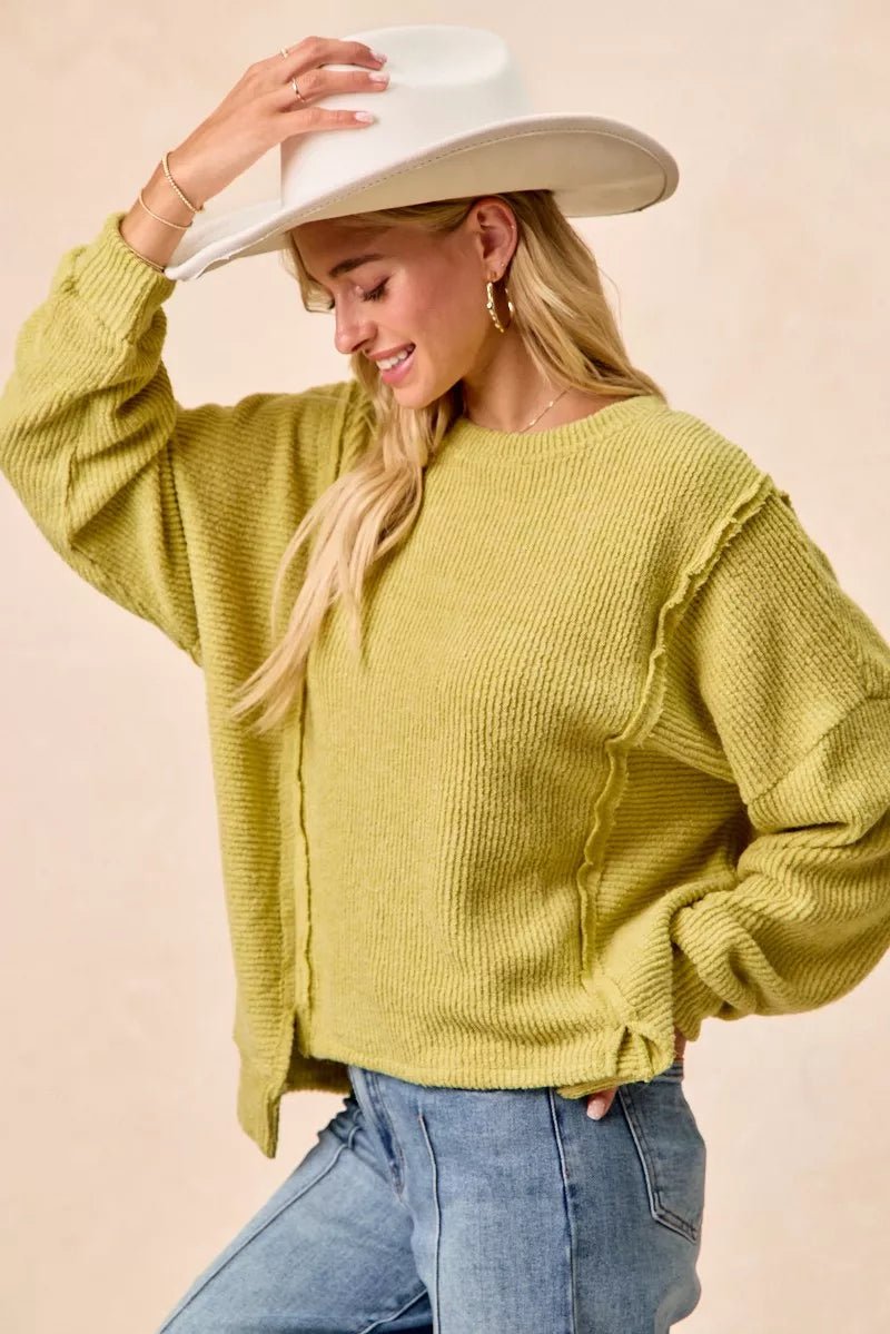BiBi Boucle Rib Knit Uneven Hem Sweater With Open Seam - Bitsy Gypsy Boutique