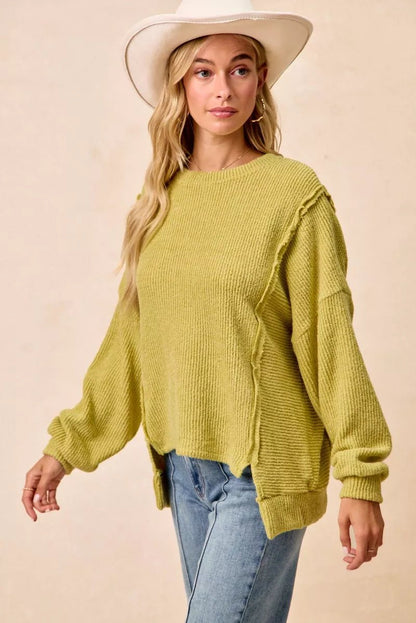 BiBi Boucle Rib Knit Uneven Hem Sweater With Open Seam - Bitsy Gypsy Boutique