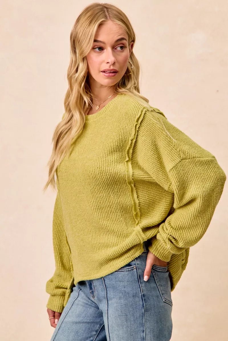 BiBi Boucle Rib Knit Uneven Hem Sweater With Open Seam - Bitsy Gypsy Boutique