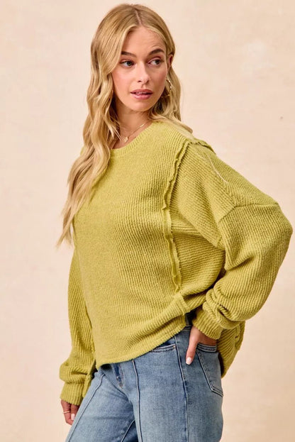 BiBi Boucle Rib Knit Uneven Hem Sweater With Open Seam - Bitsy Gypsy Boutique