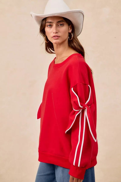 BiBi Bow Detail Sleeves Fleece Sweatshirt - Bitsy Gypsy Boutique