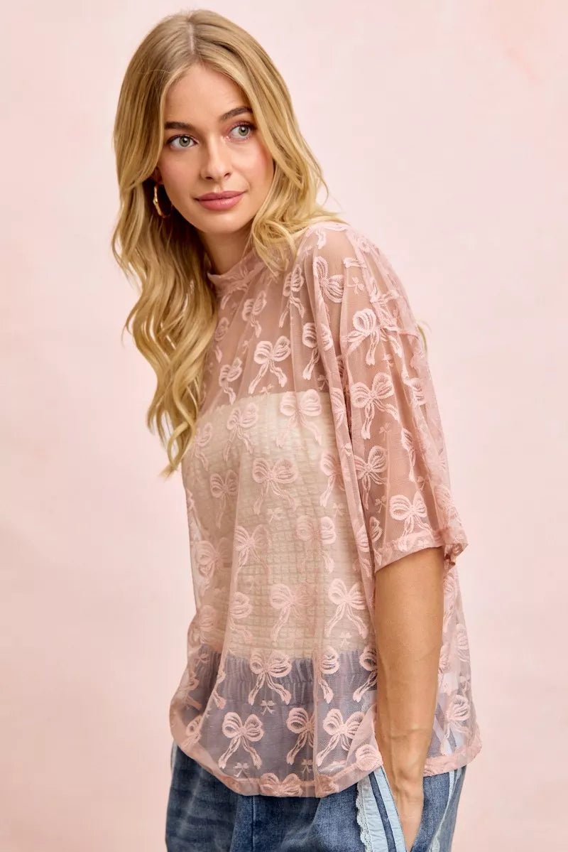 BiBi Bow Pattern Short Sleeves Boxy Mesh Top - Bitsy Gypsy Boutique