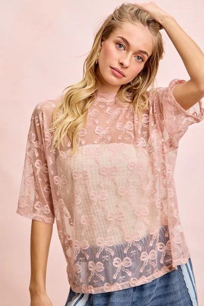 BiBi Bow Pattern Short Sleeves Boxy Mesh Top - Bitsy Gypsy Boutique