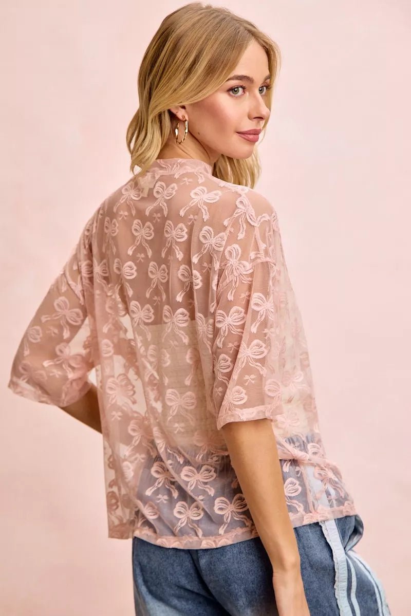 BiBi Bow Pattern Short Sleeves Boxy Mesh Top - Bitsy Gypsy Boutique