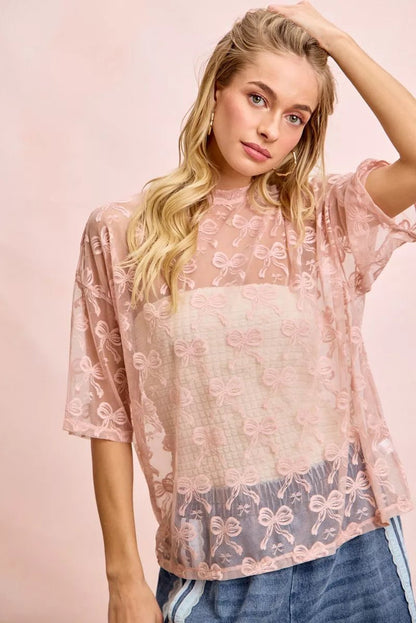 BiBi Bow Pattern Short Sleeves Boxy Mesh Top - Bitsy Gypsy Boutique