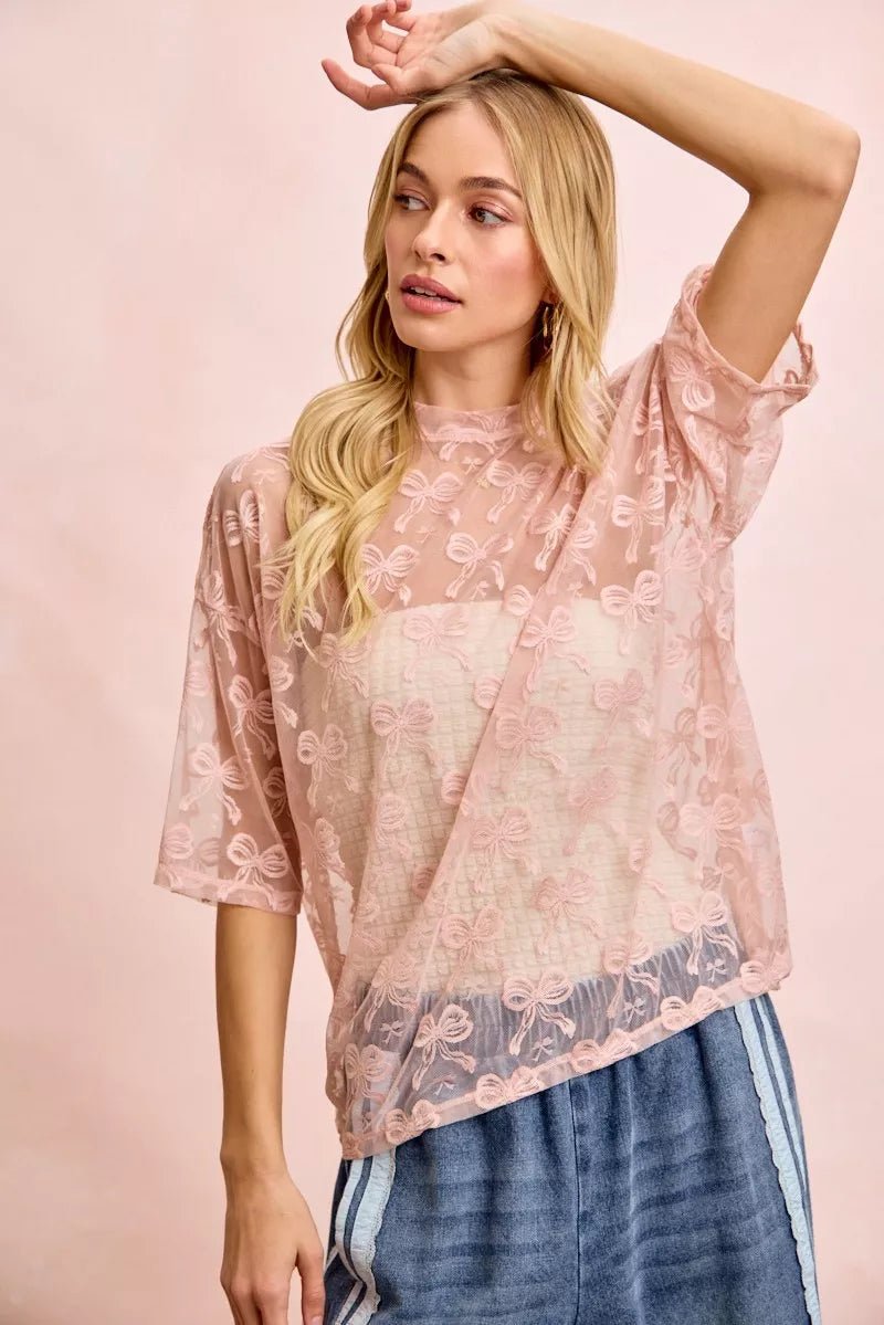 BiBi Bow Pattern Short Sleeves Boxy Mesh Top - Bitsy Gypsy Boutique