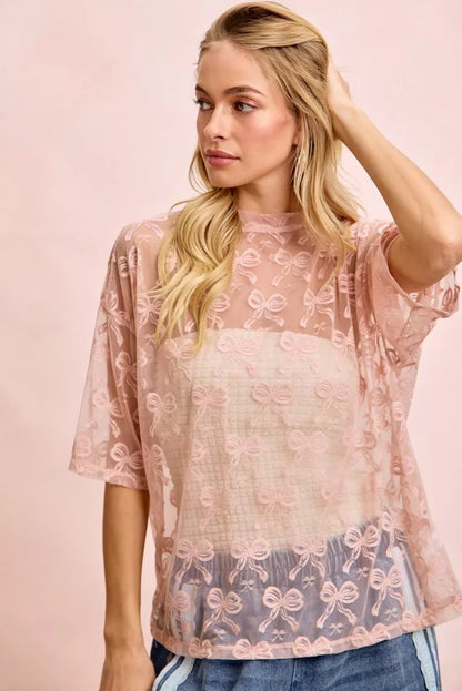 BiBi Bow Pattern Short Sleeves Boxy Mesh Top - Bitsy Gypsy Boutique