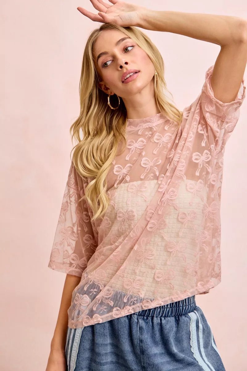 BiBi Bow Pattern Short Sleeves Boxy Mesh Top - Bitsy Gypsy Boutique