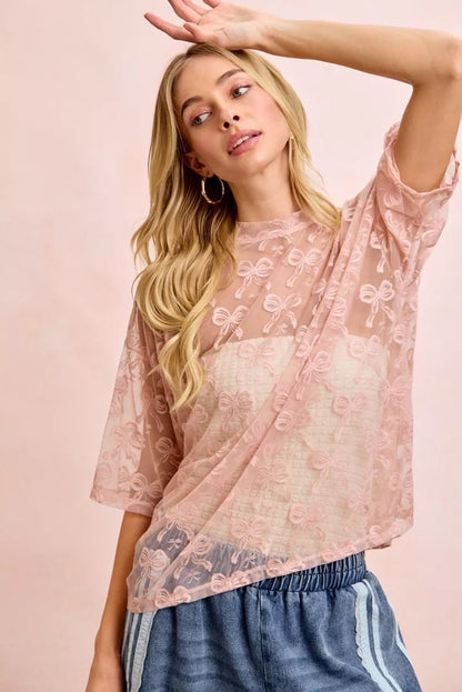 BiBi Bow Pattern Short Sleeves Boxy Mesh Top - Bitsy Gypsy Boutique