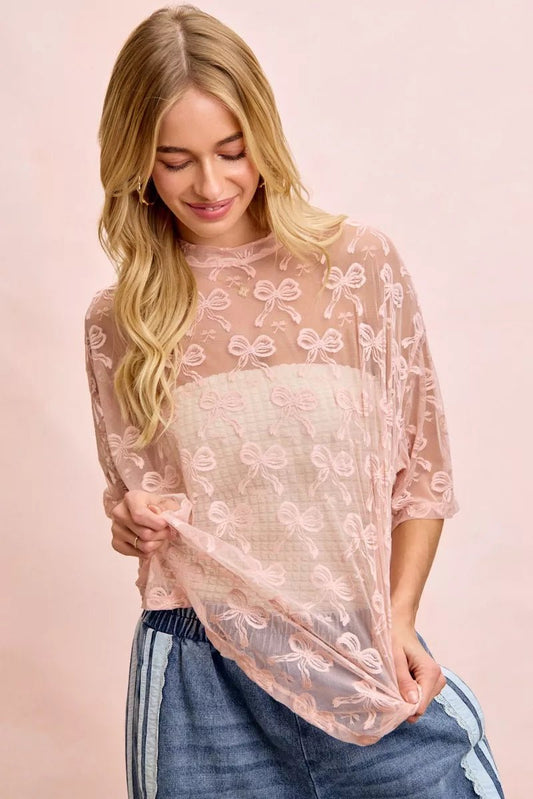 BiBi Bow Pattern Short Sleeves Boxy Mesh Top - Bitsy Gypsy Boutique