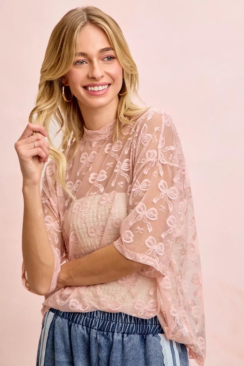 BiBi Bow Pattern Short Sleeves Boxy Mesh Top - Bitsy Gypsy Boutique