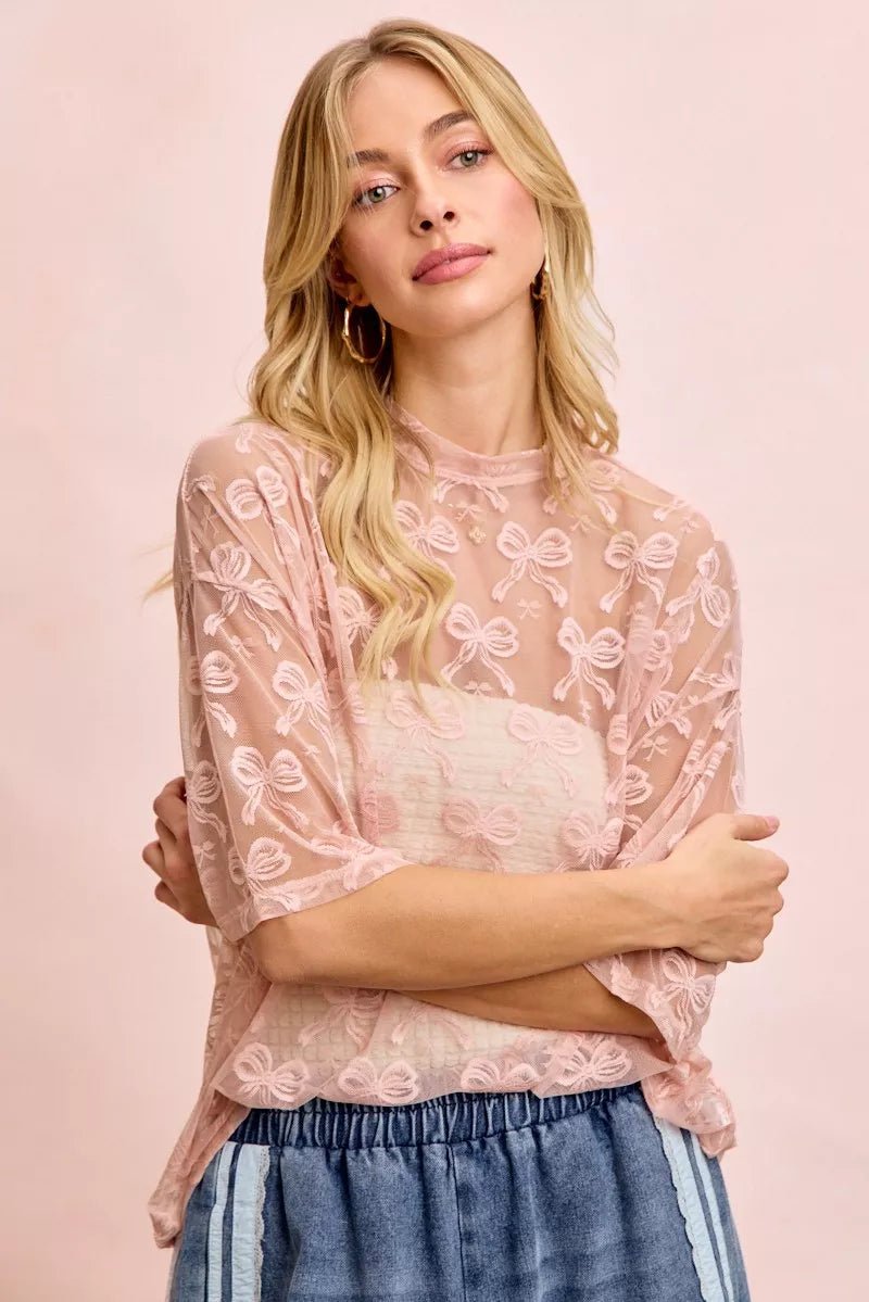 BiBi Bow Pattern Short Sleeves Boxy Mesh Top - Bitsy Gypsy Boutique
