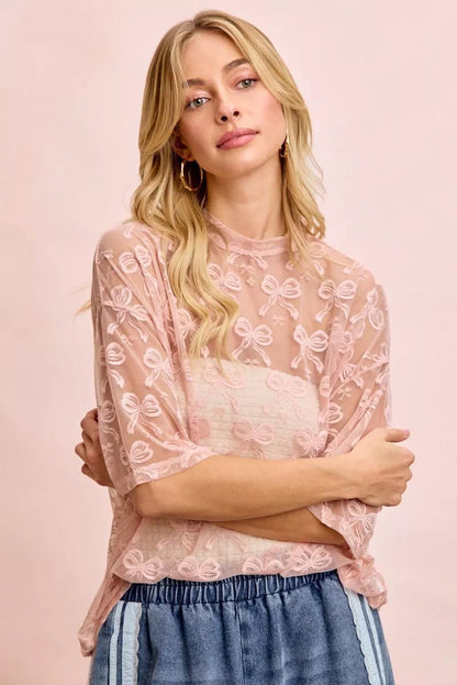 BiBi Bow Pattern Short Sleeves Boxy Mesh Top - Bitsy Gypsy Boutique