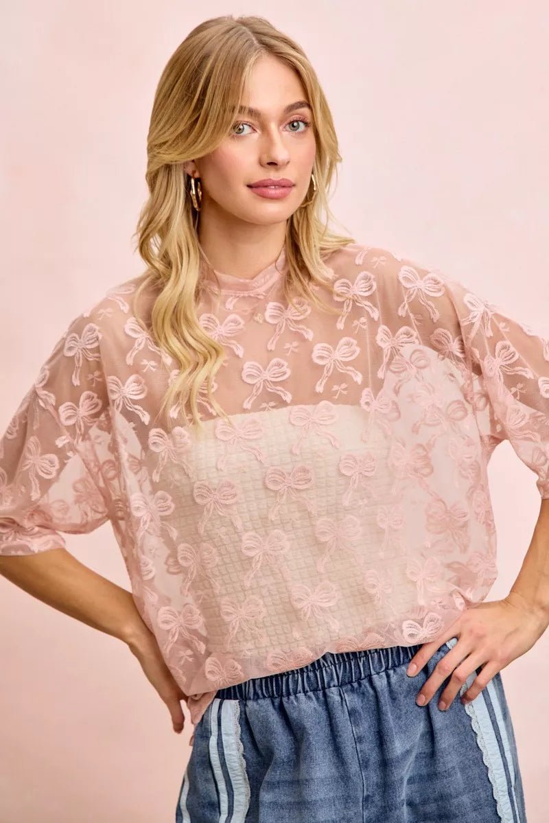 BiBi Bow Pattern Short Sleeves Boxy Mesh Top - Bitsy Gypsy Boutique