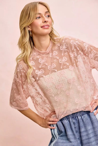 BiBi Bow Pattern Short Sleeves Boxy Mesh Top - Bitsy Gypsy Boutique