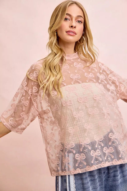 BiBi Bow Pattern Short Sleeves Boxy Mesh Top - Bitsy Gypsy Boutique