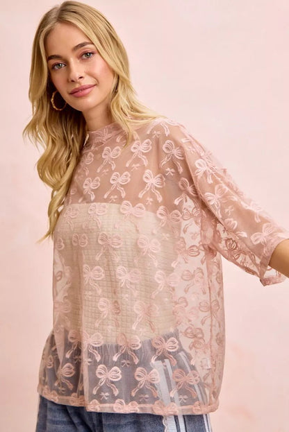 BiBi Bow Pattern Short Sleeves Boxy Mesh Top - Bitsy Gypsy Boutique