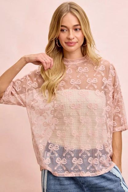 BiBi Bow Pattern Short Sleeves Boxy Mesh Top - Bitsy Gypsy Boutique