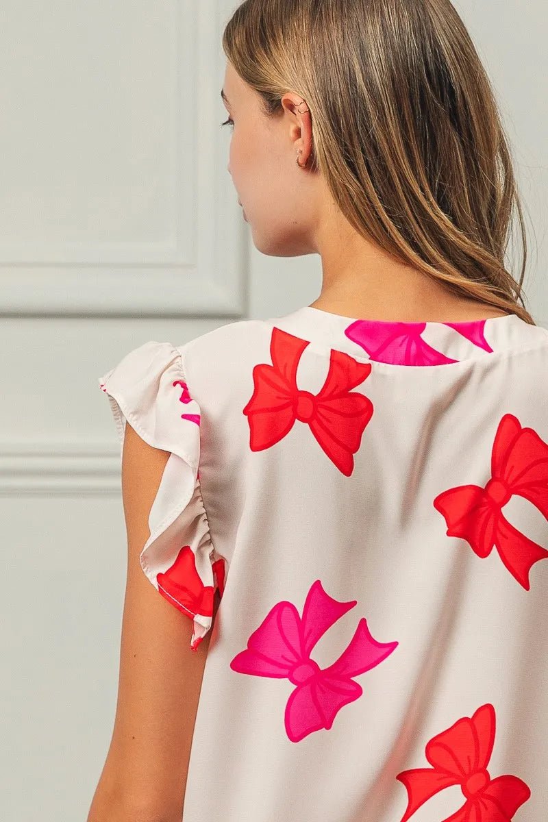 BiBi Bow Printed Woven Ruffled Sleeves V Neck Top - Bitsy Gypsy Boutique