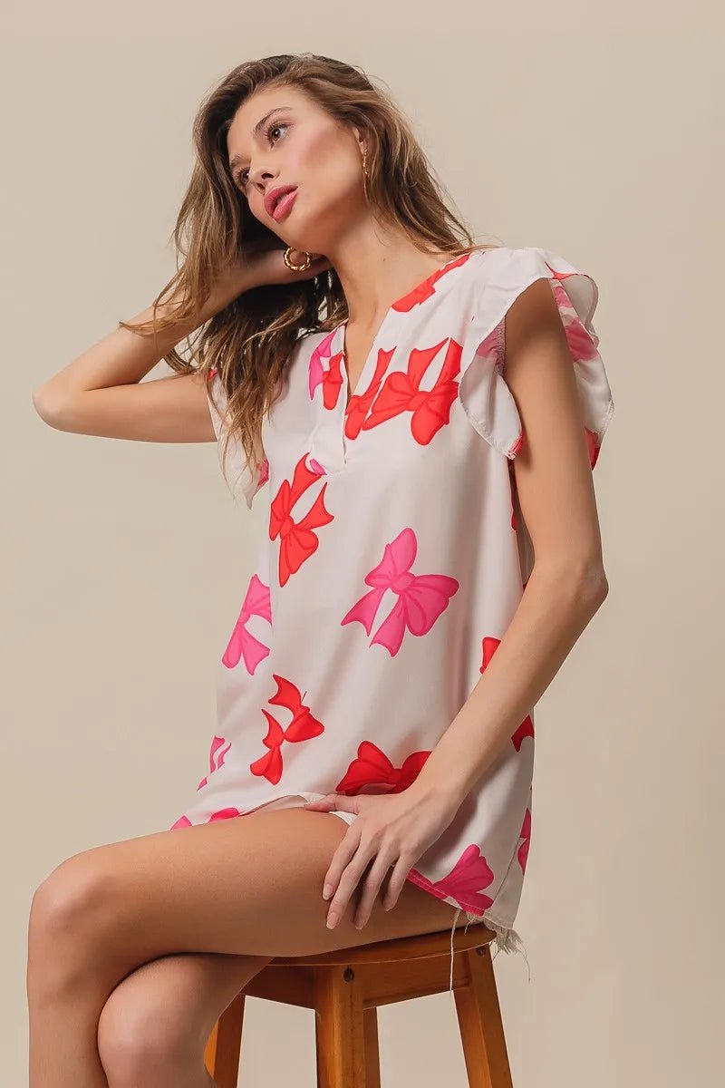 BiBi Bow Printed Woven Ruffled Sleeves V Neck Top - Bitsy Gypsy Boutique
