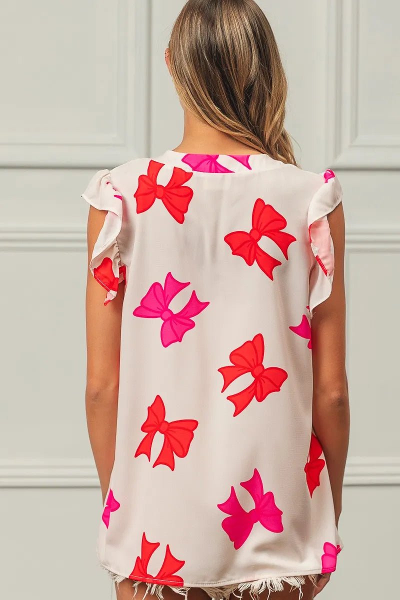 BiBi Bow Printed Woven Ruffled Sleeves V Neck Top - Bitsy Gypsy Boutique