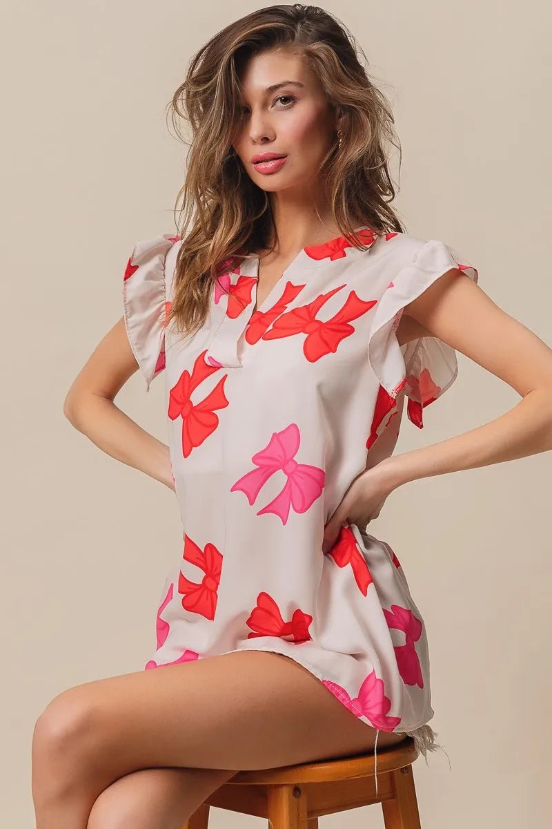 BiBi Bow Printed Woven Ruffled Sleeves V Neck Top - Bitsy Gypsy Boutique