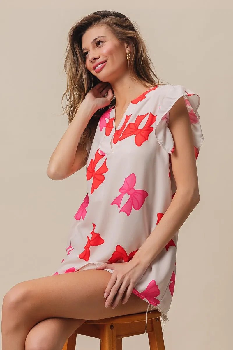 BiBi Bow Printed Woven Ruffled Sleeves V Neck Top - Bitsy Gypsy Boutique