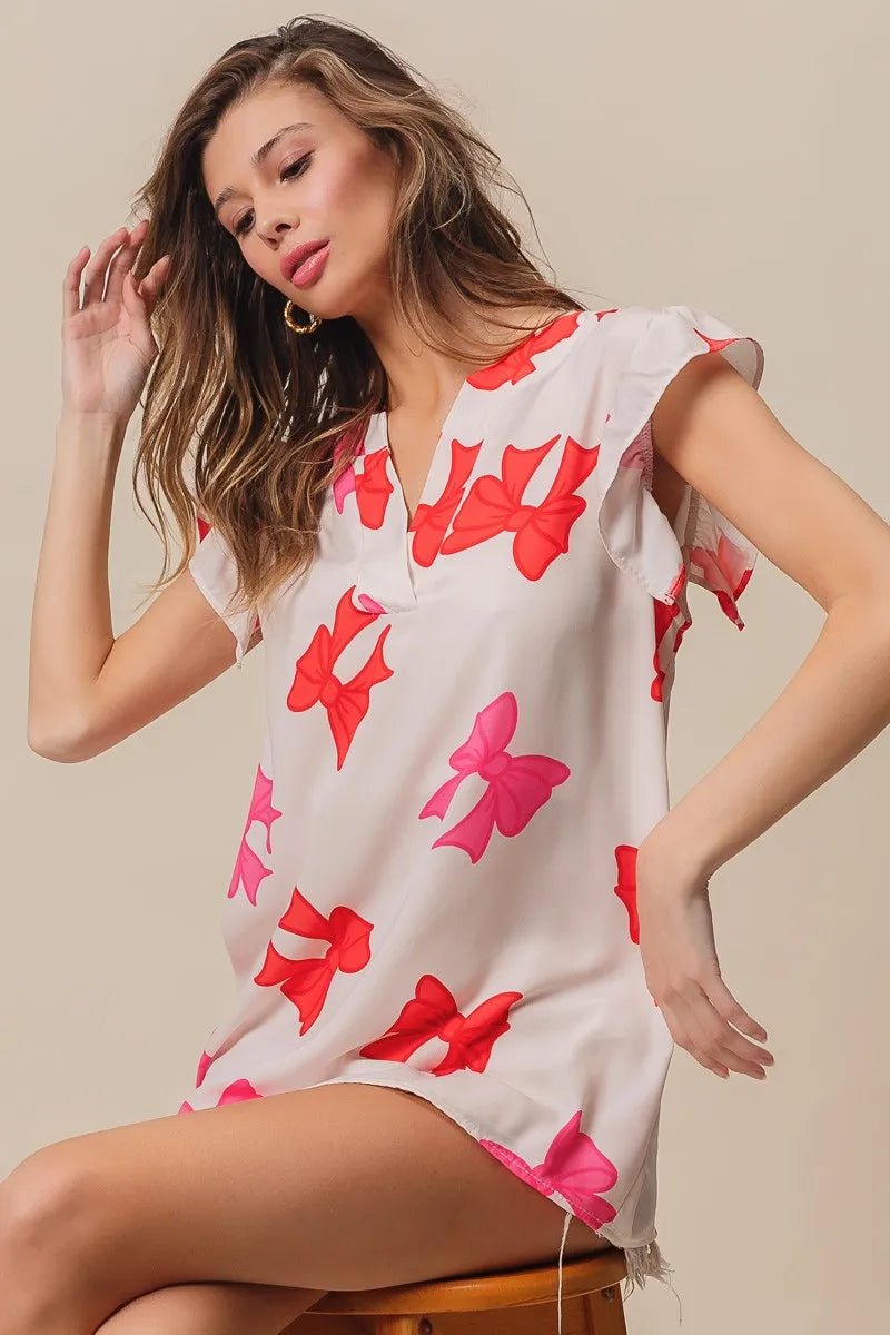 BiBi Bow Printed Woven Ruffled Sleeves V Neck Top - Bitsy Gypsy Boutique
