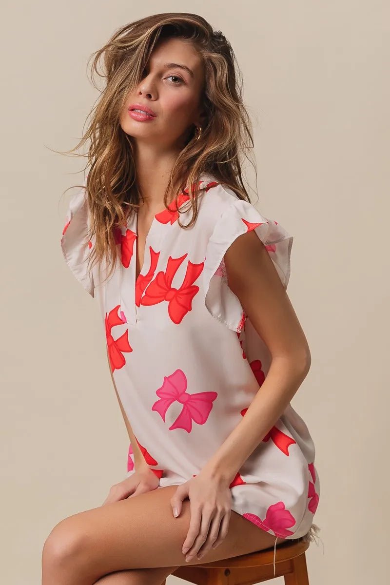 BiBi Bow Printed Woven Ruffled Sleeves V Neck Top - Bitsy Gypsy Boutique