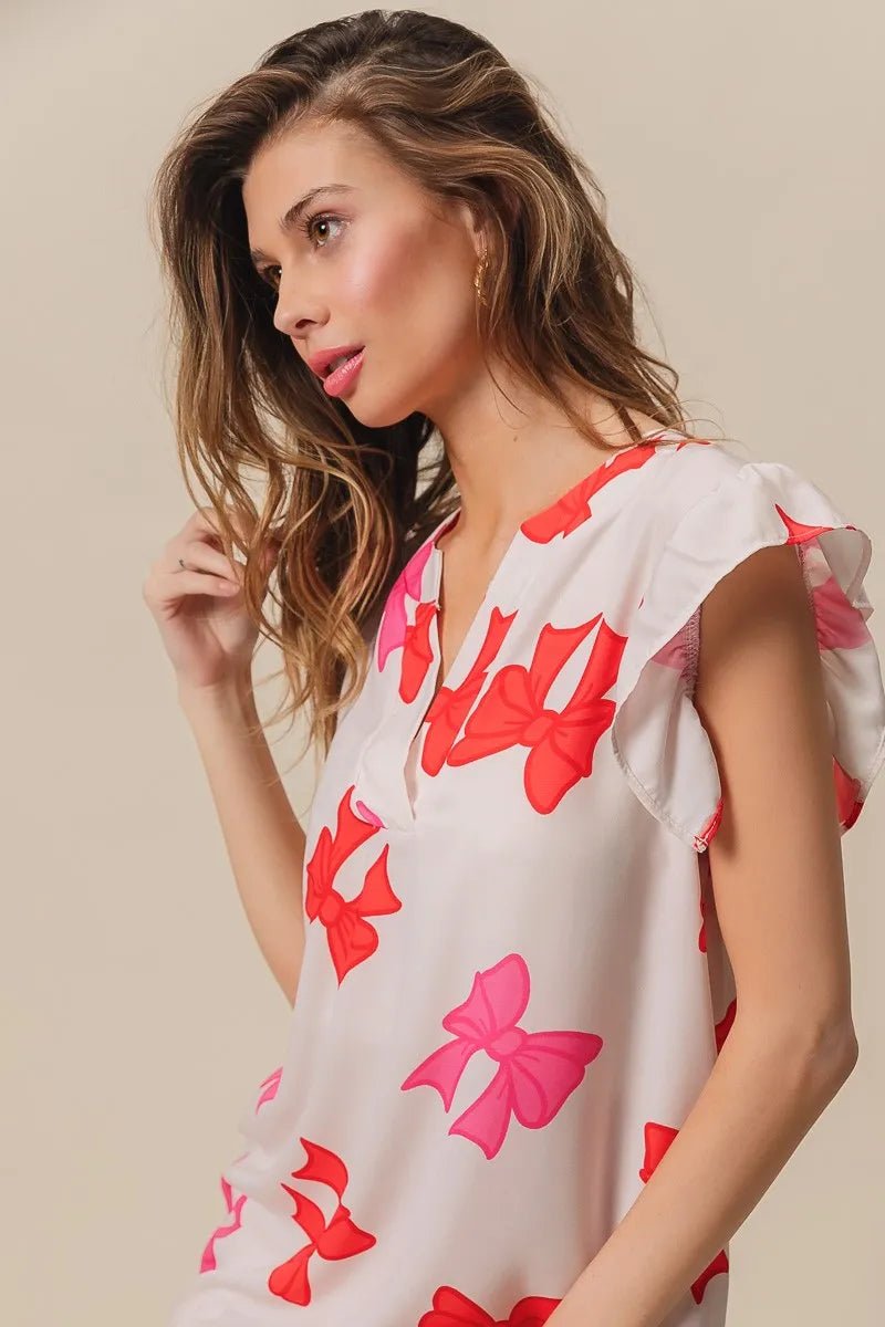 BiBi Bow Printed Woven Ruffled Sleeves V Neck Top - Bitsy Gypsy Boutique