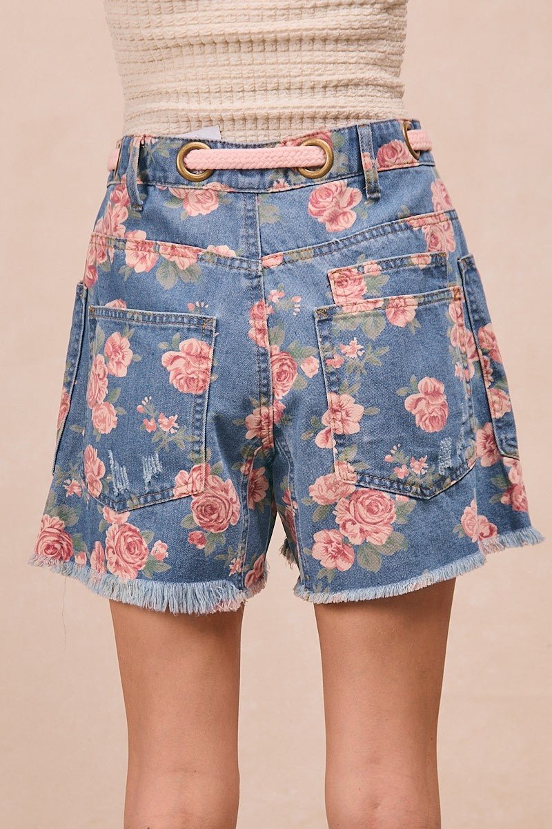 BiBi Braided Waist Belt Patch Pockets Floral Print Denim Shorts - Bitsy Gypsy Boutique