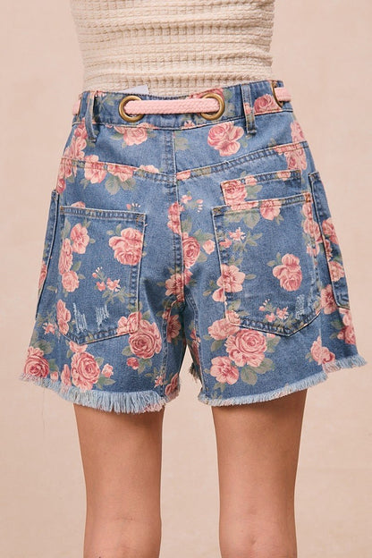 BiBi Braided Waist Belt Patch Pockets Floral Print Denim Shorts - Bitsy Gypsy Boutique