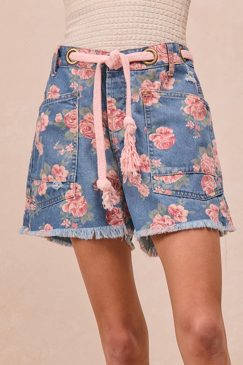 BiBi Braided Waist Belt Patch Pockets Floral Print Denim Shorts - Bitsy Gypsy Boutique